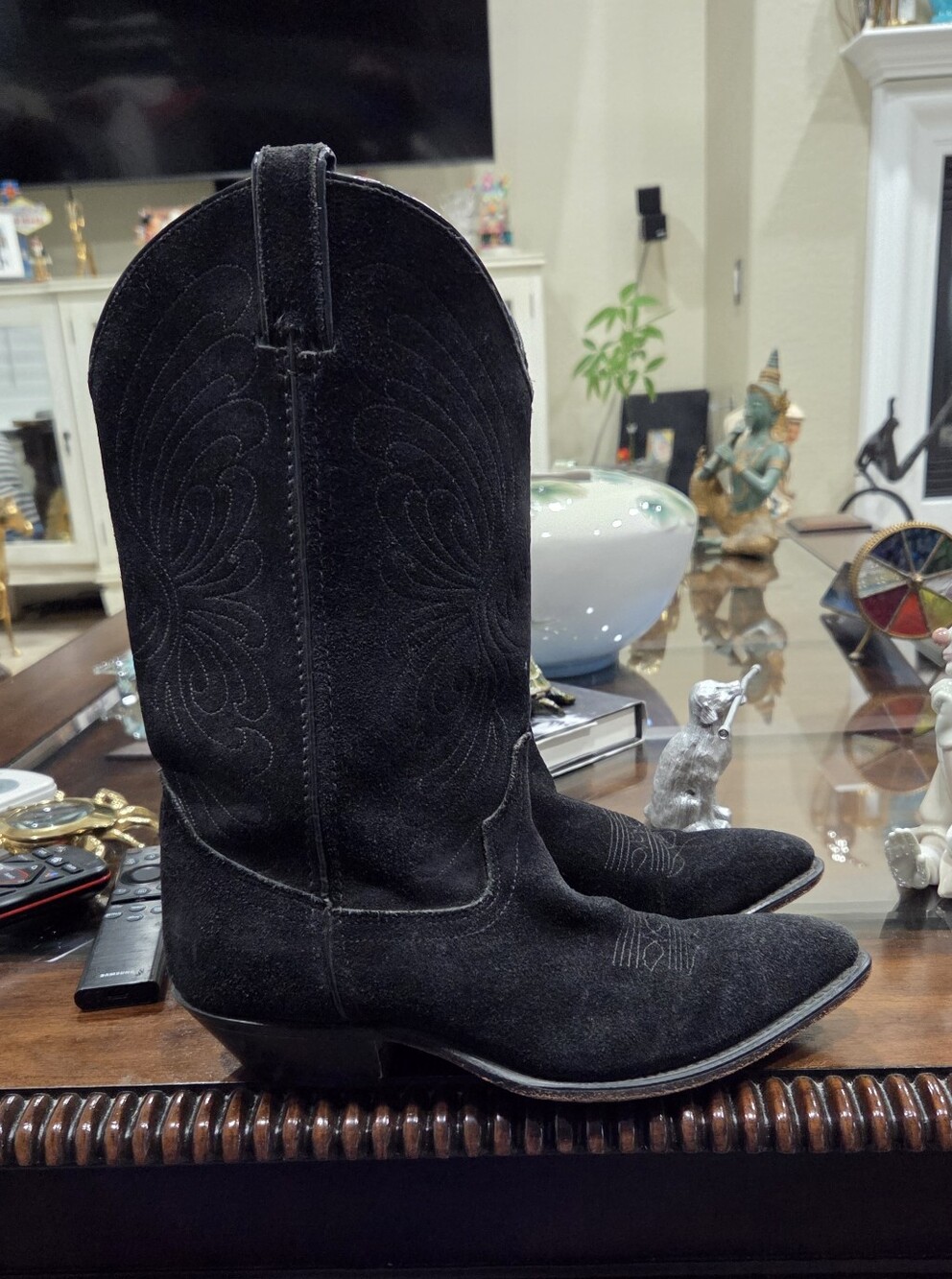 Women's Black Suede Western Heeled Boots